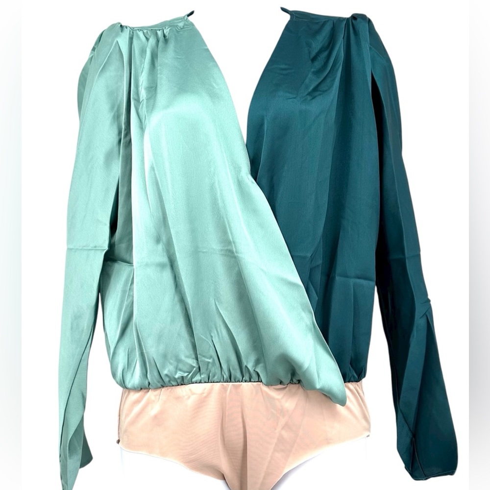 Strut & Bolt Women’s M Jade and Dark Teal Faux Wrap BodySuit Blouse NWT Long Slv - Picture 1 of 14
